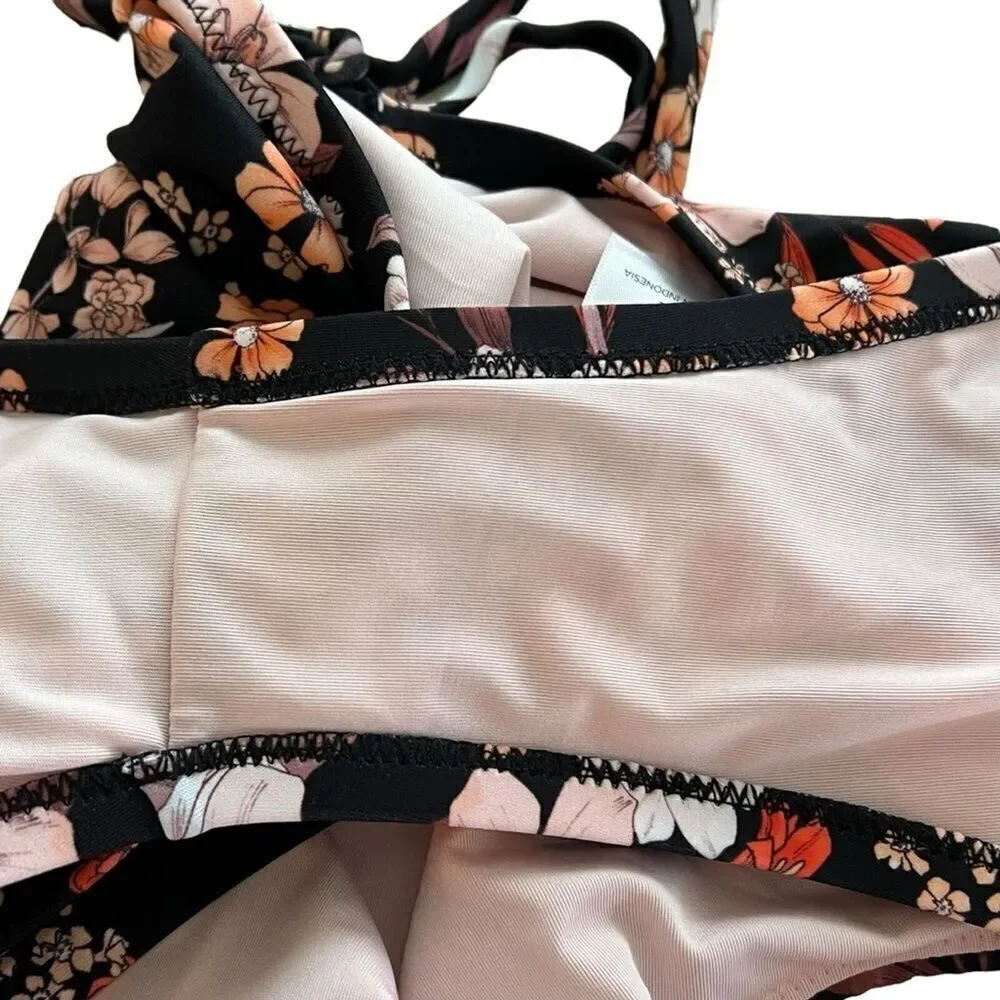 Shade and Shore Black Floral Halter Keyhole Bandeau One Piece Swimsuit